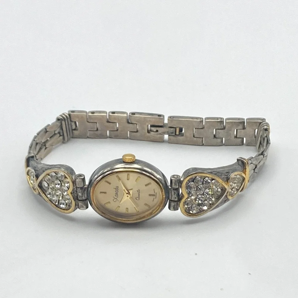 Vintage Xanadu Women's Watch Silver Gold Tone Hearts Crystals New Battery 7.25